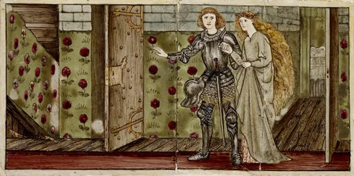 Un ensemble de seize carreaux disposés par paires pour former huit illustrations du conte 